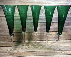 Set of 5 Lenox Holiday Gems Emerald Champagne Toasting Flutes Etched Holly