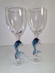 Two SCHOTT ZWIESEL Figural Blue Dolphin Stemmed Wine Glasses Stemware Pre-owned