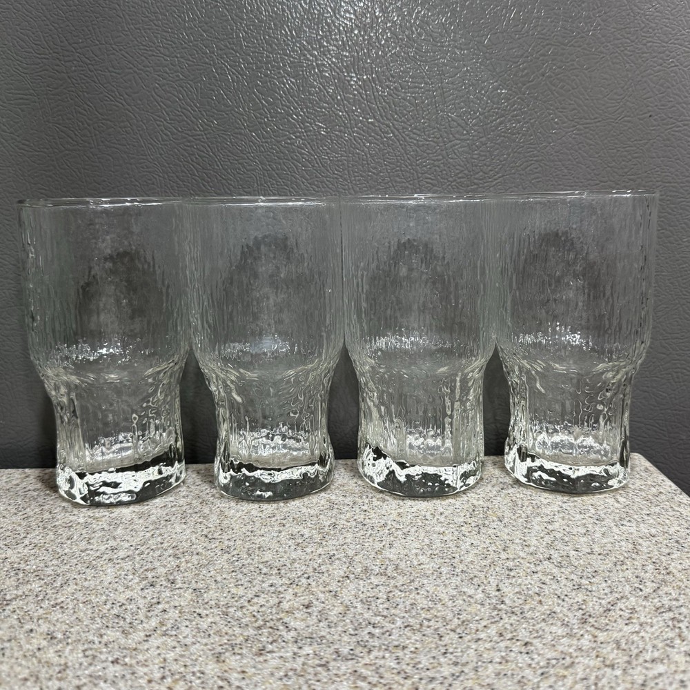 4 Indiana Glass Co Crystal Ice Textured Goblet Flat Tumblers 1960s MCM 5.5″H EUC