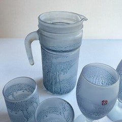 Vtg Hebron Glass Set 10 pc Hand Painted Blue Pitcher Tumblers Tulip Stem Frosted