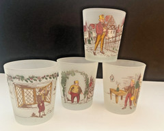 Hazel Atlas Set of 4 Vintage Lowball Frosted Glasses Charles Dickens Series