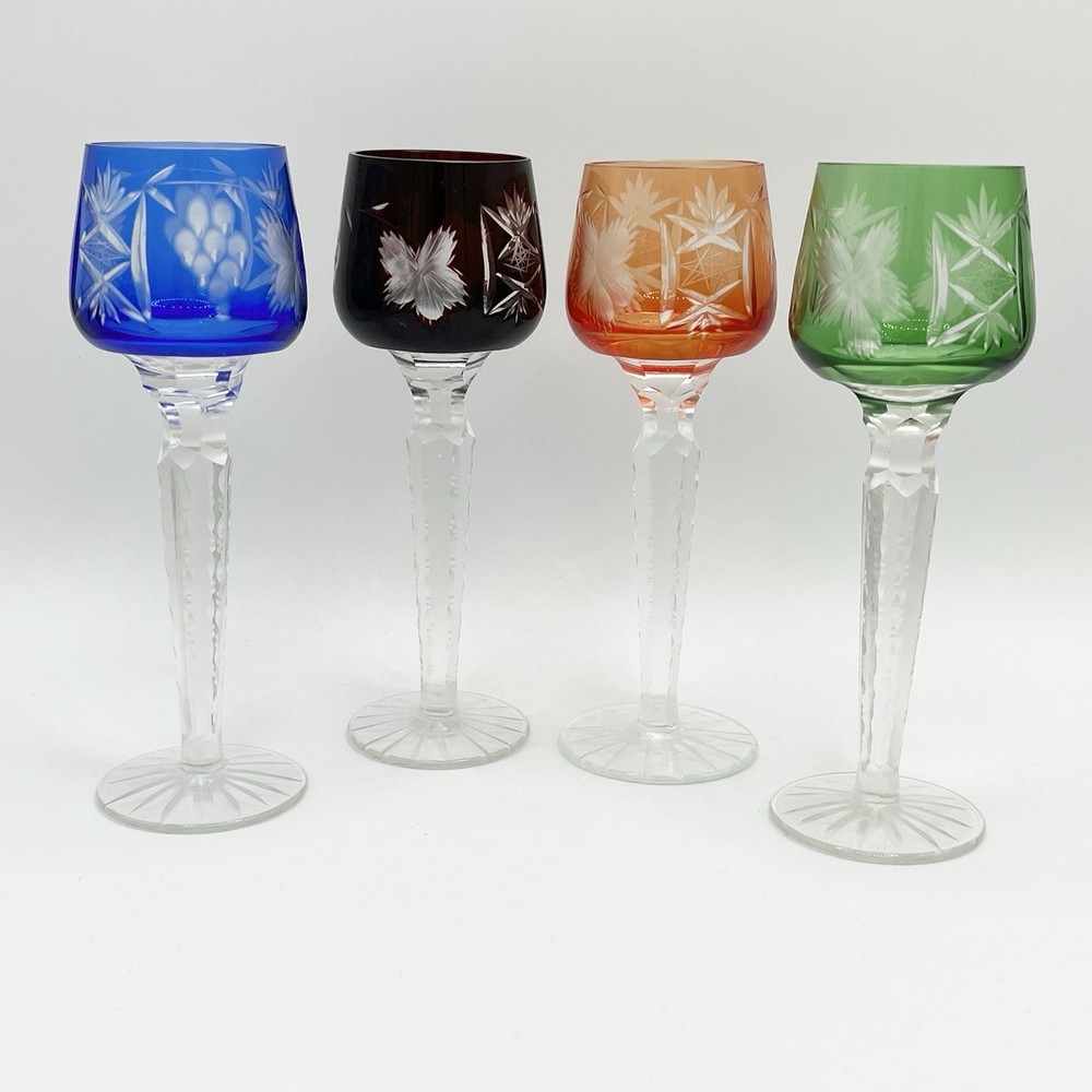 Bohemian Czech Cut to Clear Crystal Cordial Goblets 4 Colors Purple Green Blue