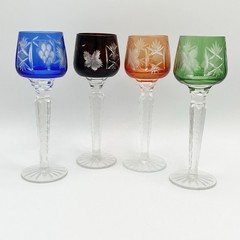 Bohemian Czech Cut to Clear Crystal Cordial Goblets 4 Colors Purple Green Blue