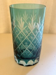 Vintage Kagami Edo Kiriko Teal Cut To Clear Crystal Tumbler Glass 4.5×2.5
