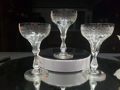 (3) Wine Cocktail Glasses crystal cut bubble stems needle etched Clover leaf