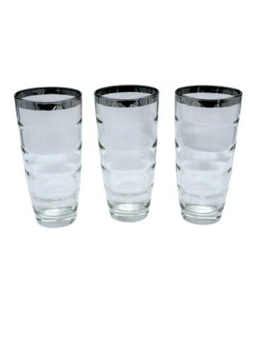 Clear Glass Tumblers With Silver Rim Ribbed Design Set Of 3