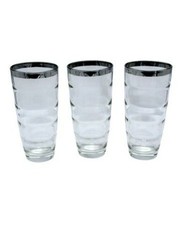 Clear Glass Tumblers With Silver Rim Ribbed Design Set Of 3