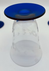 Vintage Clear Etched Glasses With Cobalt Blue Base 4 3/4″ Tall Set Of 4 EUC 04
