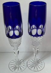 Set of 2 Godinger Edinburgh Mouth Blown Glass Cut Blue Champagne Flutes 9.25″