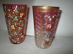 Lot of 2 Moser Bohemian Raised Gold Enamel Rose Berry Scrollwork Cranberry Glass