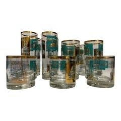 11 pc Vintage Libbey Southern Comfort 22K Gold and Aqua Riverboat Barware blue