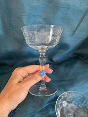 Vintage Etched Stemmed Cocktail Coupe Glasses W Fun Flower Pattern • CLASSY