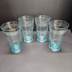 Vintage Icy Blue Etched Banded Glasses Tumbler 7″ Tall Set of 4