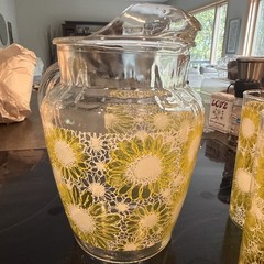 Vintage Hazel Atlas Anchor Yellow and white Sunflower Daisy Pitcher & 3 Glasses