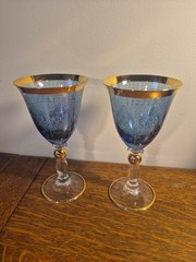 Vtg 2 Italian Crystal wine goblets Lt. Blue Tint 24k Gold rim. Replacement 7″