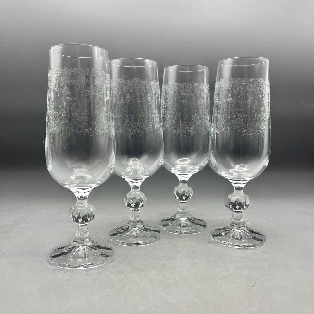 Vintage Etched Champagne Flutes Queen Ann Lace Set Of 4