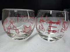 Vintage MCM Rocks Glasses «Jam Session» Musical Instrument Jazz Barware Set Of 2