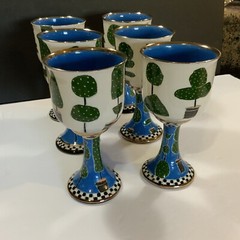 Linda Hogam Goblets Set Of 6 Blue Green Signed Hand Painted Vintage USA #40