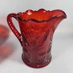 Vintage Mosser Glass Ruby Red Inverted Thistle 5-Piece Set Pitcher & 4 Tumblers