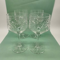 Set Of 4 Fine Crystal Wine Glasses Floral Etched 6 Oz. MCM Excellent Condition
