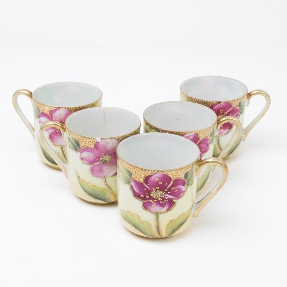 Antique Lot of 5 Porcelain Demitasse Cups Pink Flowers Gilt Moriage Japanese