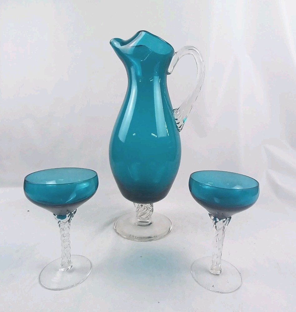 Vintage Turquoise Teal Blue Pitcher Set With 2 Cocktail Glasses
