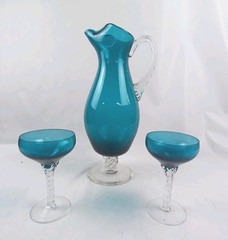 Vintage Turquoise Teal Blue Pitcher Set With 2 Cocktail Glasses