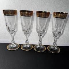 4 Bohemian Style Crystal Champagne Flutes Gold Encrusted Rim Cut Glass Elegant