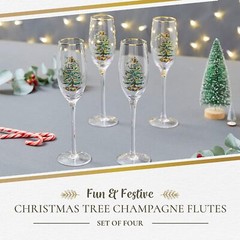 Spode Christmas Tree 8.45 Oz. Champagne Fluted Glasses with Gold Rims, Set of 4