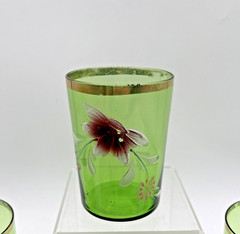 Set of 6 Vintage Victorian Enamled Flower Green Glass Tumbler Gold Rim