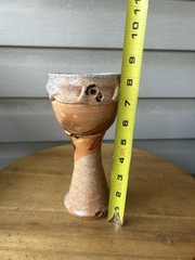 Vintage Primitive Tan Swirl Wood Fired Art Pottery Chalice Goblet 8” Signed