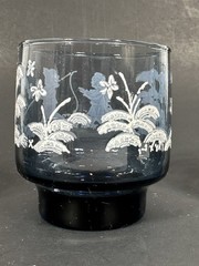 Vintage Set of 4 Libby Mary Gregory Smoke Blue Lowball Glasses Children Fishing