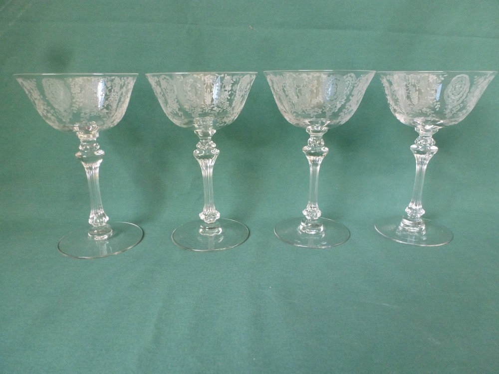 Four Tiffin June Night Crystal Elegant Glass Tall Champagne or Sherbet Glasses