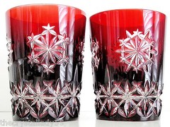 6 Snow Crystals Ruby Red cased cut to clear crystal whiskey rocks STORE CLOSING