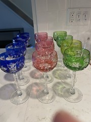 AJKA Crystal Marsala Blue Red Green Cut To Clear 8.25″ Large Wine Glasses (12)