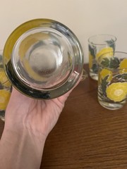Rare Vtg Glass Pitcher & 4 Glasses 1950 Mcm Handblown Handpainted Yellow Poppies