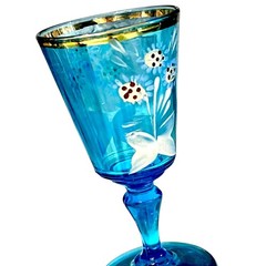 Vintage Blue Floral Etched Cordial Glass Gold Rim Stemmed Liqueur Goblet 4.5″