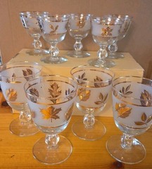 Libbey Frosted Gold Leaf Stemmed Goblets Set Of 9 MCM 5@3oz 4@8oz Cordial Shot