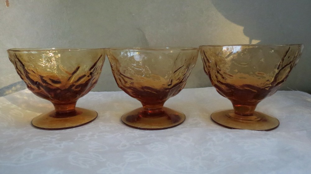 3 Seneca Driftwood Morgantown Crinkle Amber Sherbet Champagne Goblets