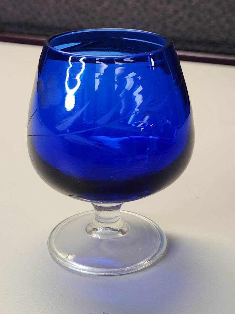 Vintage Brandy Snifter/Goblet Vibrant Blue Wheat Barley Star Base 3″ Tall