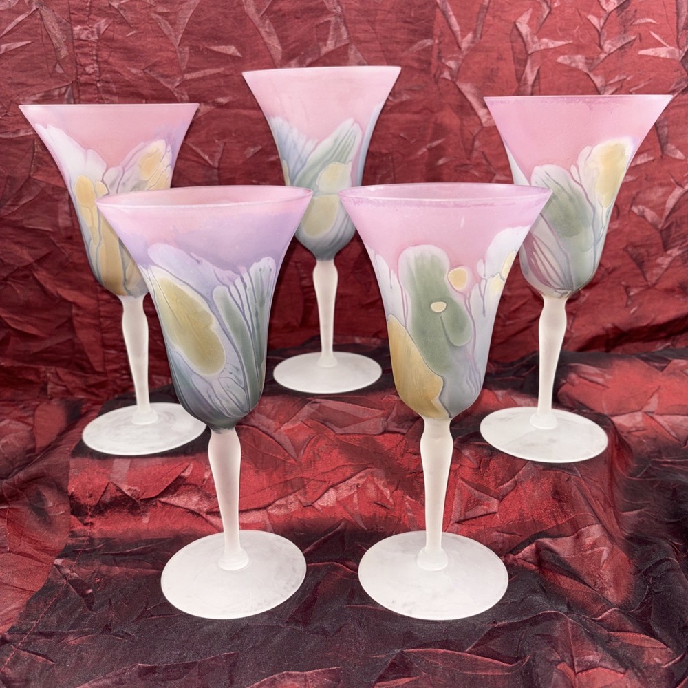 Rueven By Nouveau Art Glass Co. Flared Bowl Wine Glass Hand Painted Frosted 5 Pc