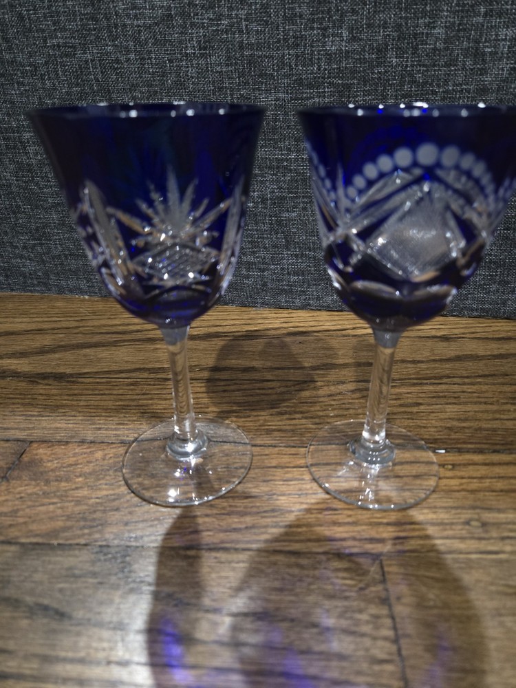2 Val St Lambert Blue Cobalt Cut to Clear Crystal Brandy Glass Pair