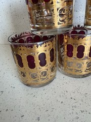 Morphew Abode 1960s Culver Burgundy Art Deco & 22k Gold Lowball Cocktail Glasses