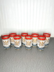 Vtg Eagle American Flag High Ball 8 oz. Barware Set of 8 Glasses Wire Holder