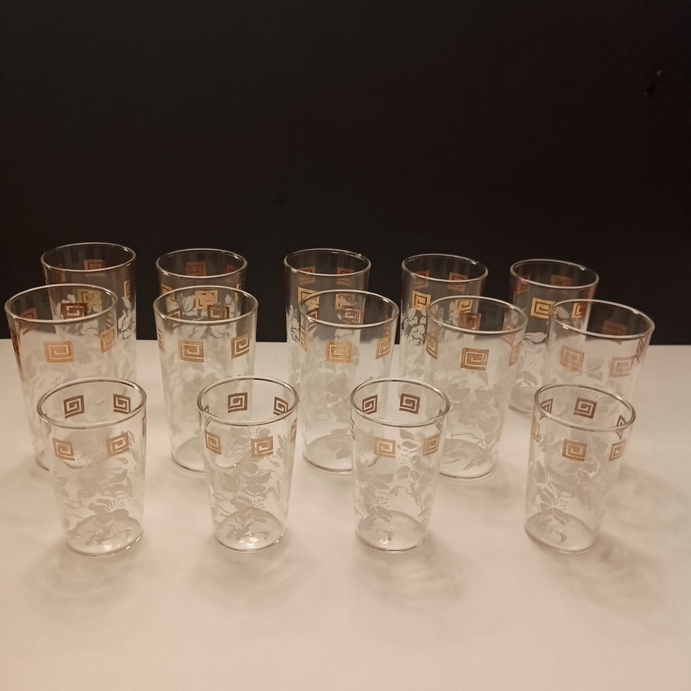 Tumblers Glasses Set of 14 Anchor Hocking MCM White Hibiscus Gold Grecian Key