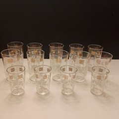 Tumblers Glasses Set of 14 Anchor Hocking MCM White Hibiscus Gold Grecian Key