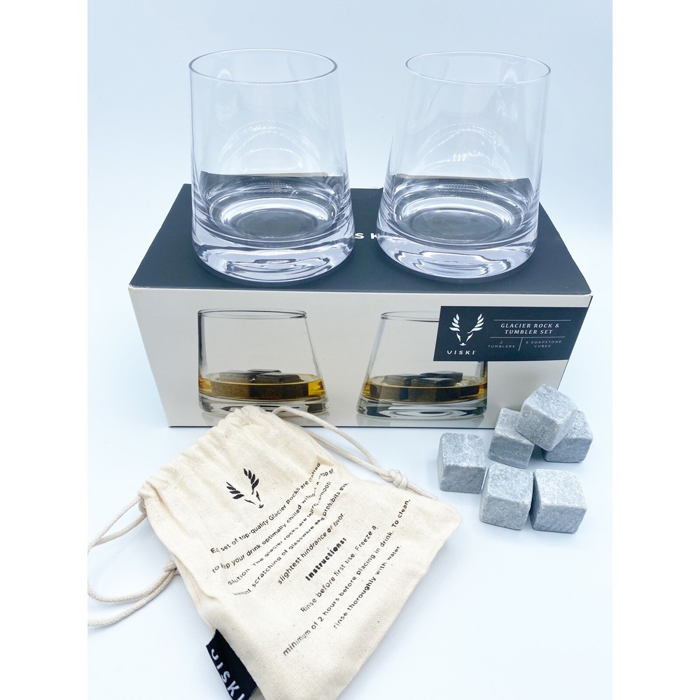 Glacier Rock Tumbler Set 2 Drink Rocks Glasses 6 Soapstone Cubes Open Box Viski