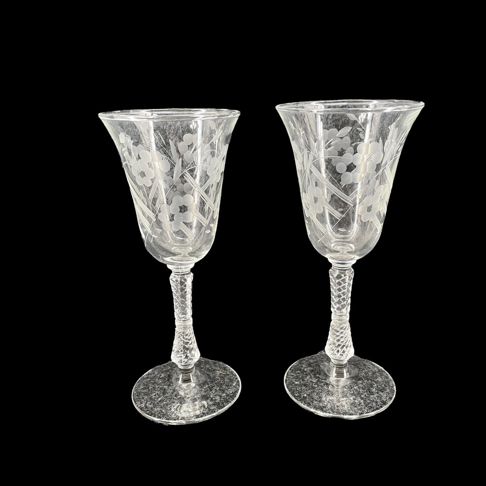 Pair of 2 Vintage Libbey Rock Sharpe Formal Etched 8″ Fluted Wine Goblets MCM