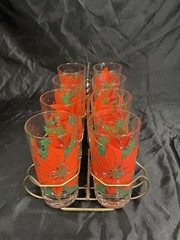 8 VTG CHRISTMAS BRIGHT RED POINSETTIA GLASS TUMBLER BRASS METAL CARRIER MCM