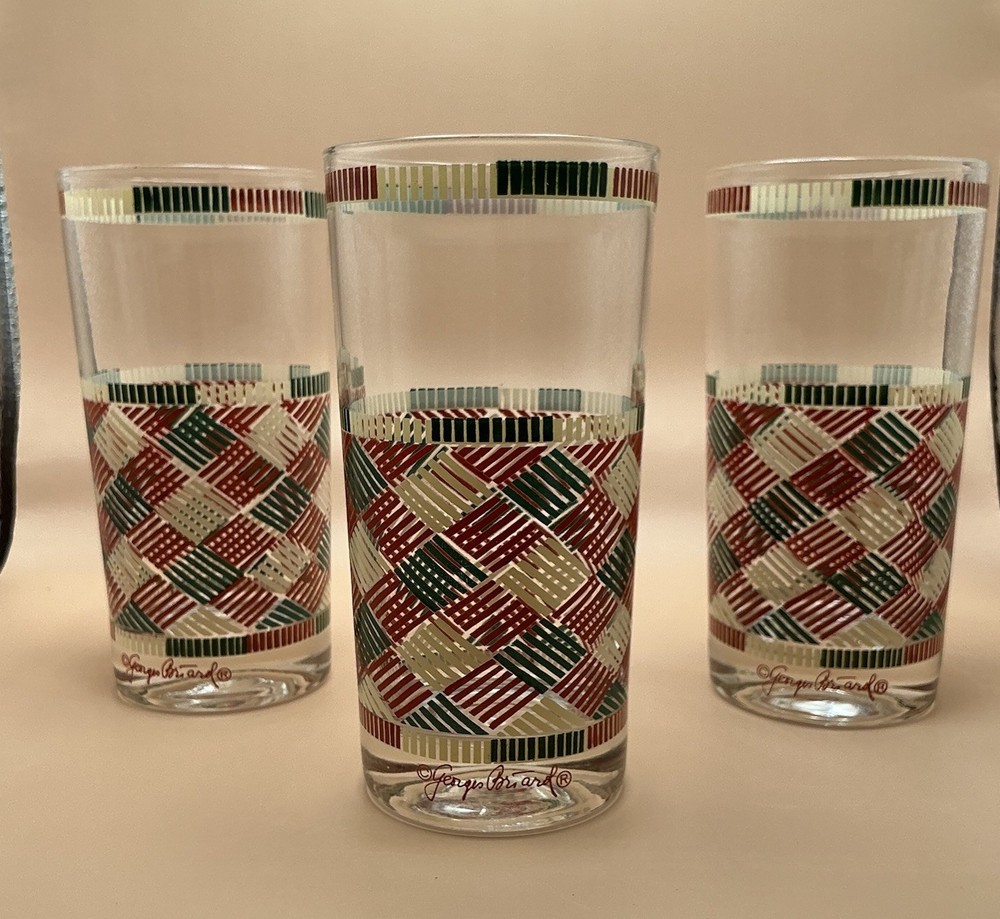 Set 3 Georges Briard Signed Red Green Gold Plaid Highball Glasses MCM 5.5”
